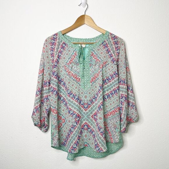 Fig & Flower Anthropologie Women’s Floral Peasant Sleeve Semi Sheer Top Size M - Picture 1 of 9